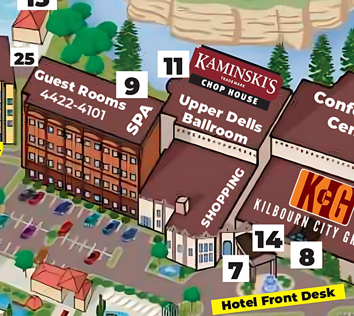 Drawing of Chula Vista Resort, depicting that Navi Spa is located on the ground level of the South Tower