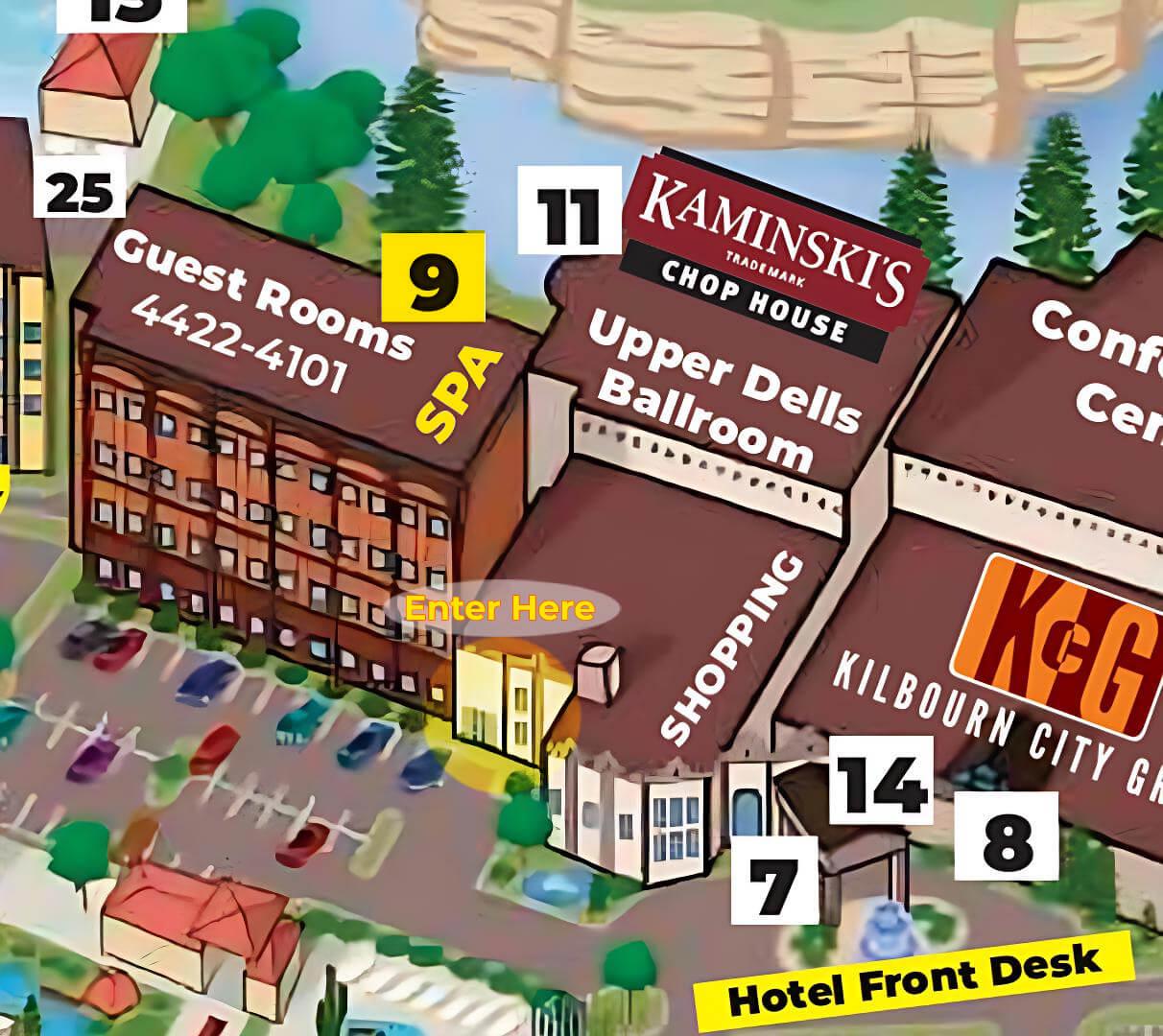 Drawing of Chula Vista Resort, depicting that Navi Spa is located on the ground level of the South Tower