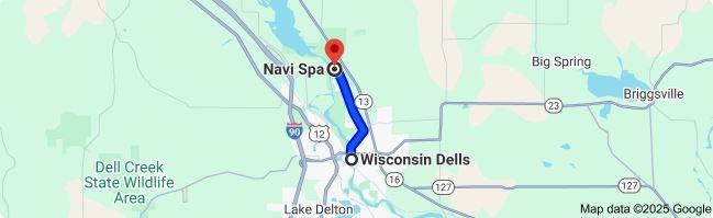 Google maps image showing the quick 3 mile trip from downtown Wisconsin Dells to Navi Spa
