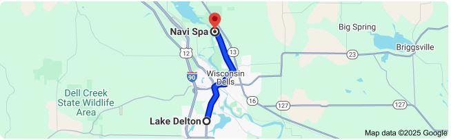 Google Map's Image, depicting short 5-mile drive from Lake Delton to Navi Spa