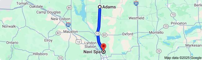 Google Map depicting 21.6-mile trip from Adams to Navi Spa