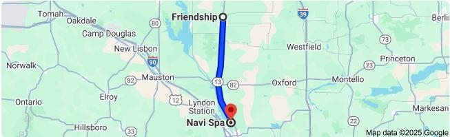 Google map showing travel from Friendship, Wisconsin to Navi Spa in Wisconsin Dells
