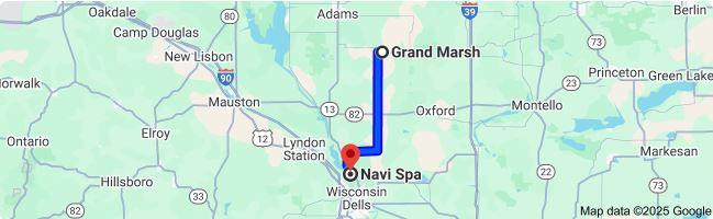 Google map showing 19.8-mile travel from Grand Marsh to Navi Spa