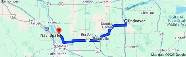 Map of the quick 28-minute, 21-mile route from Endeavor to our spa in Wisconsin Dells.