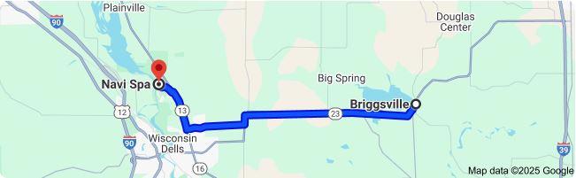 Google Map showing 12 mile trip from Briggsville, WI to Navi Spa