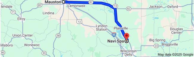 Google Maps image showing the easy 22-minute drive south from Mauston to Navi Spa.
