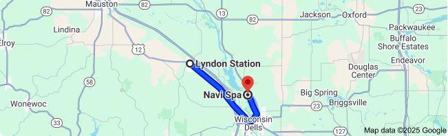 Google map showing 12 mile travel from Lyndon Station to Navi Spa