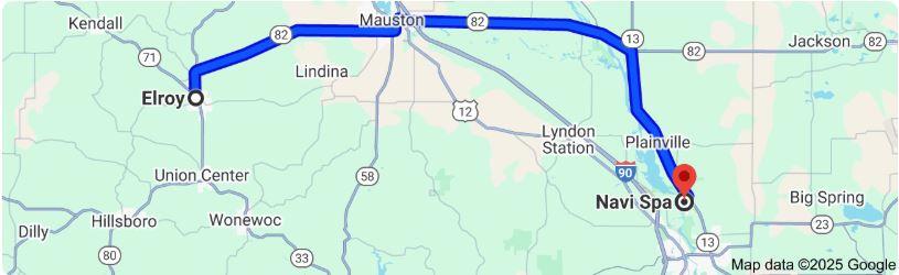 Map showing the convenient 32.6-mile drive from Elroy, WI to Navi Spa.