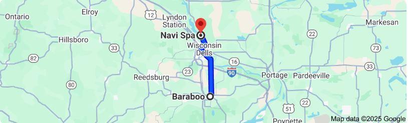 Google map showing quick 15.9 mile drive from Baraboo to Navi Spa via County A