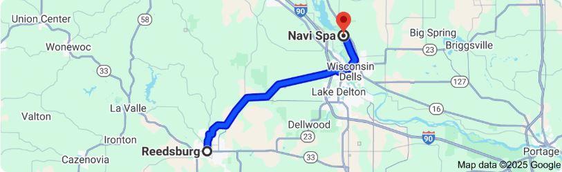 Map of a short 19-mile drive from Reedsburg to Navi Spa