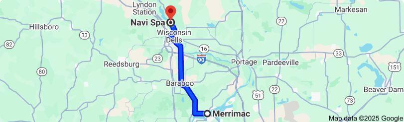 Google map, showing a brief 26.9 mile trip from Merrimac to Navi Spa