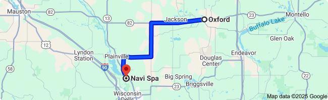 Google map showing a simple 24-minute, 18.9 mile trip from Oxford, WI to Navi Spa