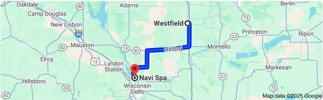 Google map, shows the 30.5 mile trip by car from Westfield, Wisconsin to Navi Spa