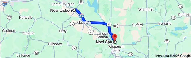 Google maps image shows the simple 28.7 mile trip from New Lisbon, WI to Navi Spa
