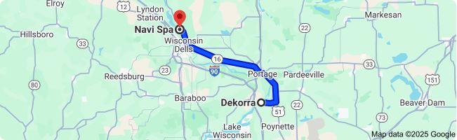 Directions map from Dekorra WI, to Navi Spa in Wisconsin Dells.