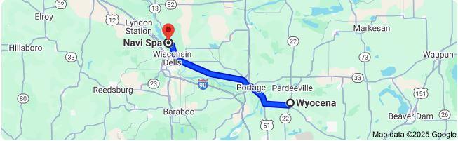 Google map shows travel from Wyocena, Wisconsin to Navi Spa in Wisconsin Dells