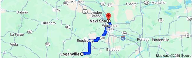 A map displaying a short 28.2 mile trip from Loganville to Navi Spa in Wisconsin Dells