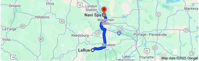Map depicting short, 24.6-mile travel from LaRue, Wisconsin to Navi Spa