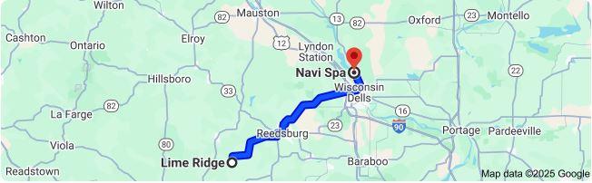 Map shows a short, 30.1-mile trip from Lime Ridge, WI to Navi Spa