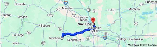 Google map displaying simple 27-mile trip from Ironton to Navi Spa
