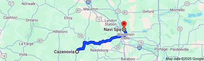 Wisconsin map showing brief 30.8-mile trip from Cazenovia to Navi Spa