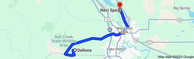 Google map showing the short 12.9 mile trip from Dellona, Wisconsin to Navi Spa