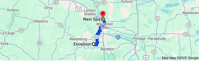 Wisconsin map, showing Excelsior, Sauk County, travel to Navi Spa