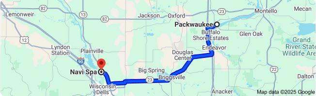 Map of Wisconsin, displaying travel from Packwaukee to Navi Spa