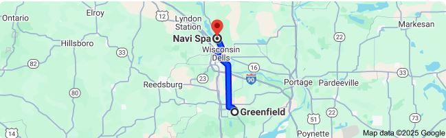 Google map image shows travel from Greenfield, Sauk County, WI to Navi Spa