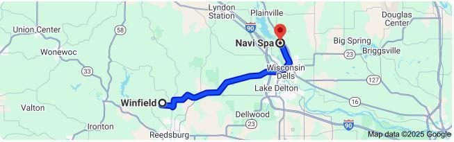 Google map directions image from Windfield wisconsin to Navi Spa; 18.1-mile trip.