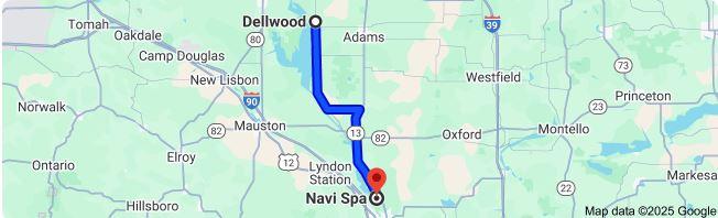 Wisconsin map showing travel from Dellwood, Wisconsin to Navi Spa. 27.8-mile trip.