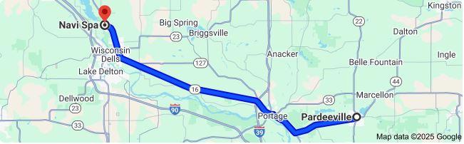 Google map of Wisconsin, depicting 29.3 mile trip from Pardeeville to Navi Spa
