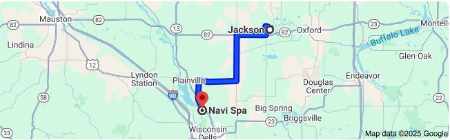 Map showing 16.2 mile travel from Jackson, Adams County, WI to Navi Spa