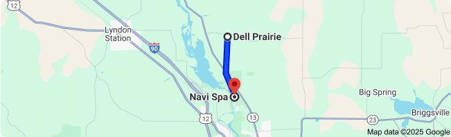 Map shows brief 5 minute, 3.2 mile trip from Dell Prairie, WI to Navi Spa
