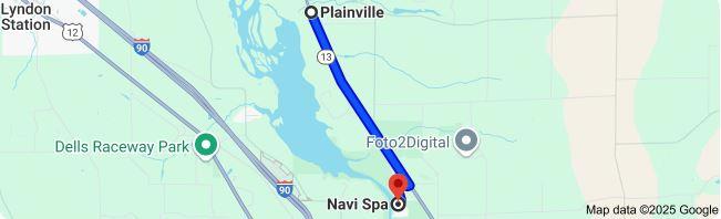 Map shows quick, 3.7 mile, 5-minute trip down highway 13 from Plainville to Navi Spa
