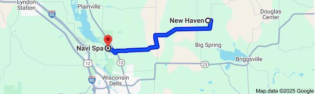 Wisconsin map showing 9.4 mile trip from New Haven to Navi Spa
