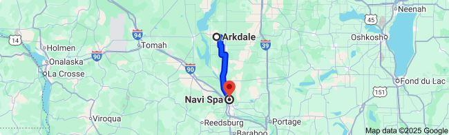 Map showing 30-mile short trip from Arkdale, WI to Navi Spa