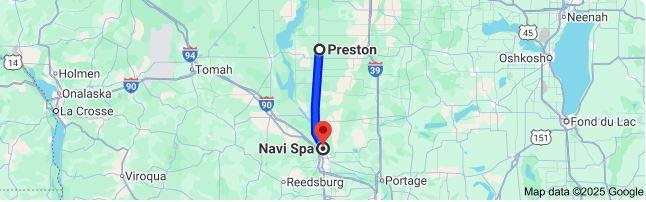 A short, 28.7-mile trip from Preston to Navi Spa depicted on a map of Wisconsin