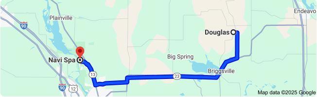 Route from Douglas, WI to Navi Spa via HW 23 & 13