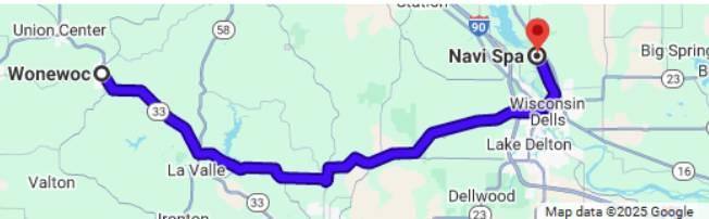 Map showing 31-mile short trip from Wonewoc, WI to Navi Spa in Wisconsin Dells